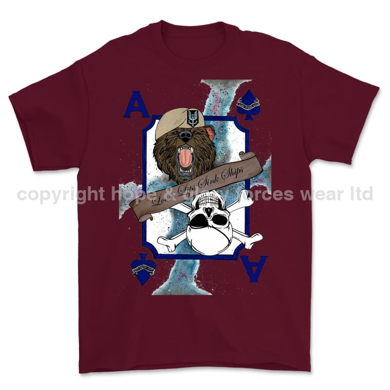 Loose Lips Sink Ships SF Playing Card Art Front Printed T-Shirt - Maroon