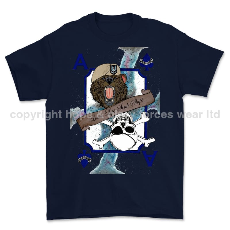 Loose Lips Sink Ships SF Playing Card Art Front Printed T-Shirt - Navy Blue