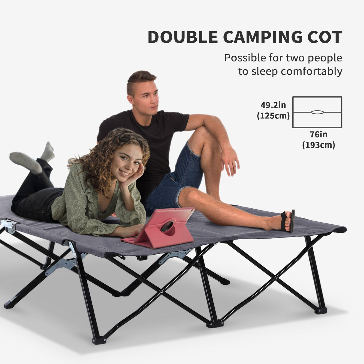 Outsunny Double Camping Cot Bed - Grey packed in carry bag
