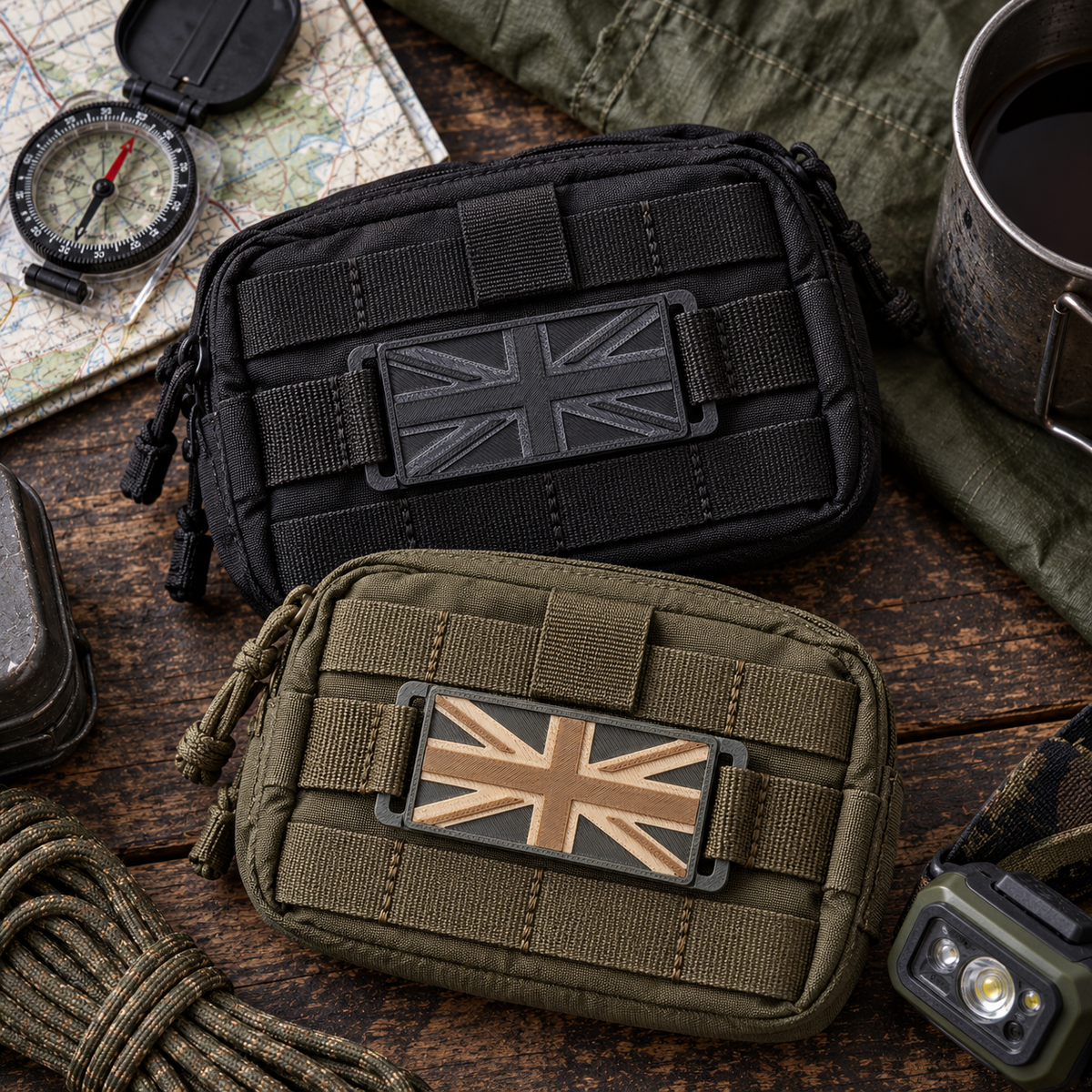 Black and Green/Tan 3D printed mini Union Jack patches clipped onto MOLLE pouches with a map, compass and mug