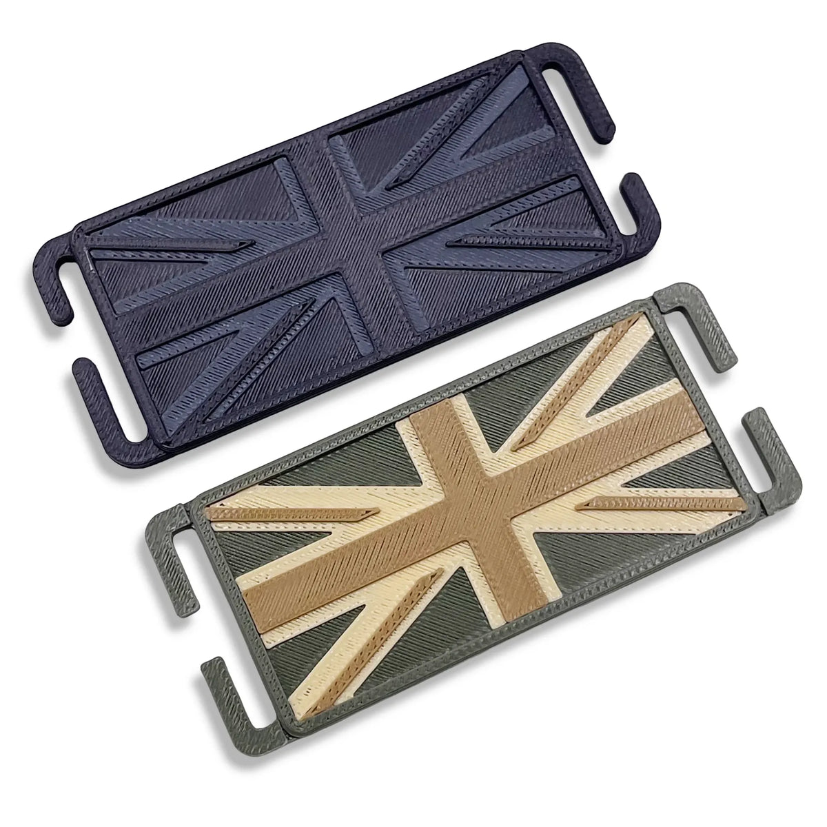 Task 3D printed mini Union Jack MOLLE patch in Black and Green/Tan, side by side
