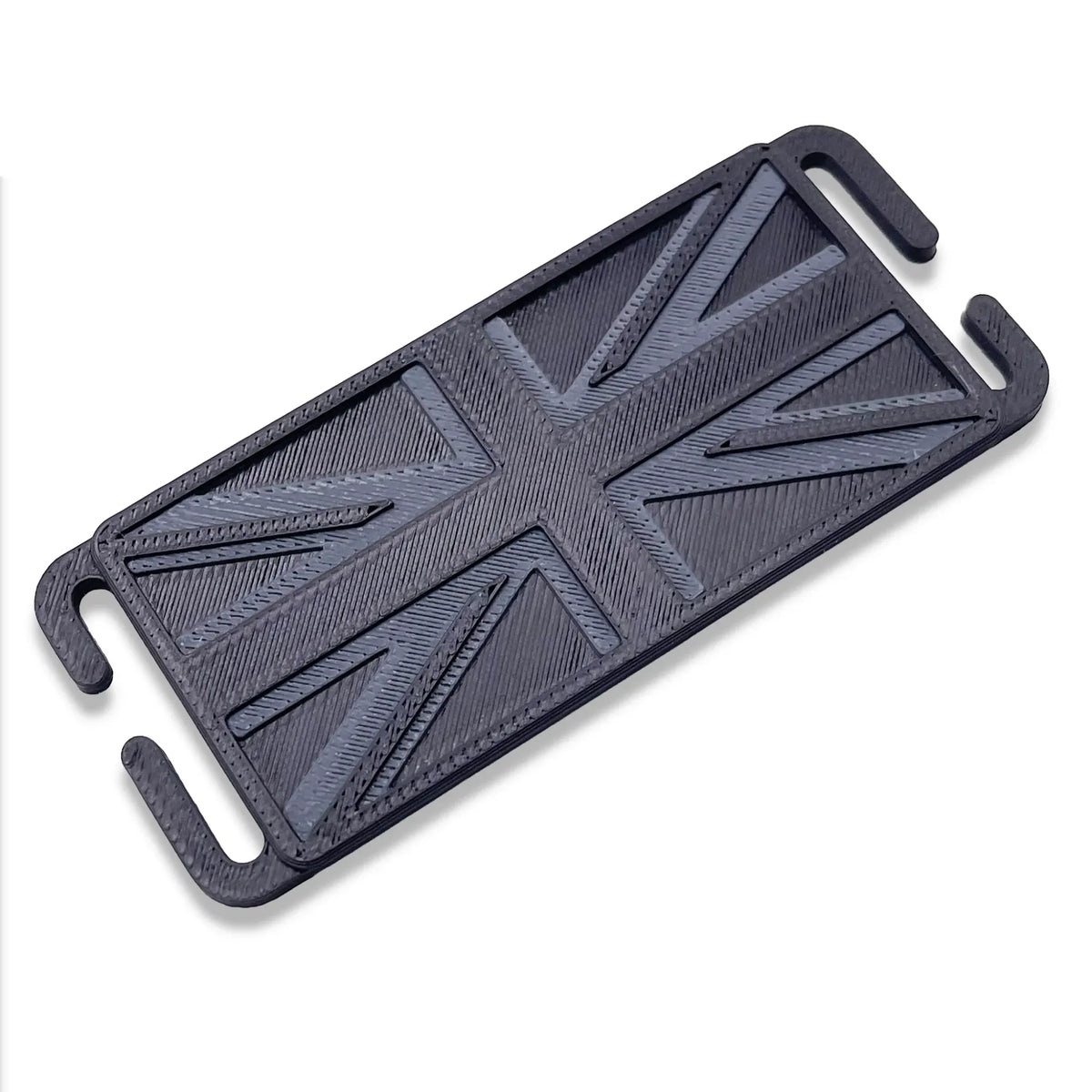 Close-up of the black mini Union Jack patch showing the layered PETG print texture