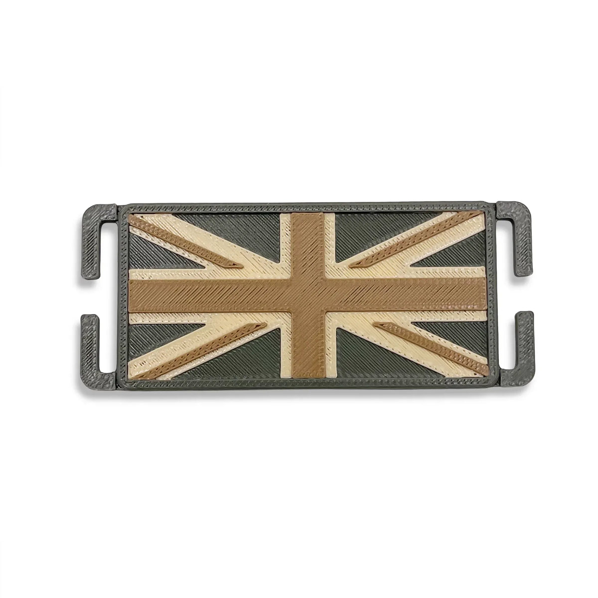 Green/Tan 3D printed mini Union Jack patch, front view in olive green, sand and coyote