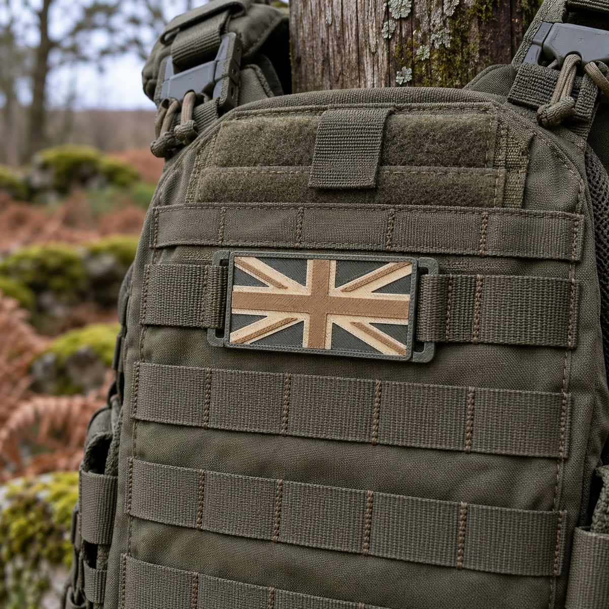 Green/Tan mini Union Jack patch mounted on the MOLLE front of a green plate carrier