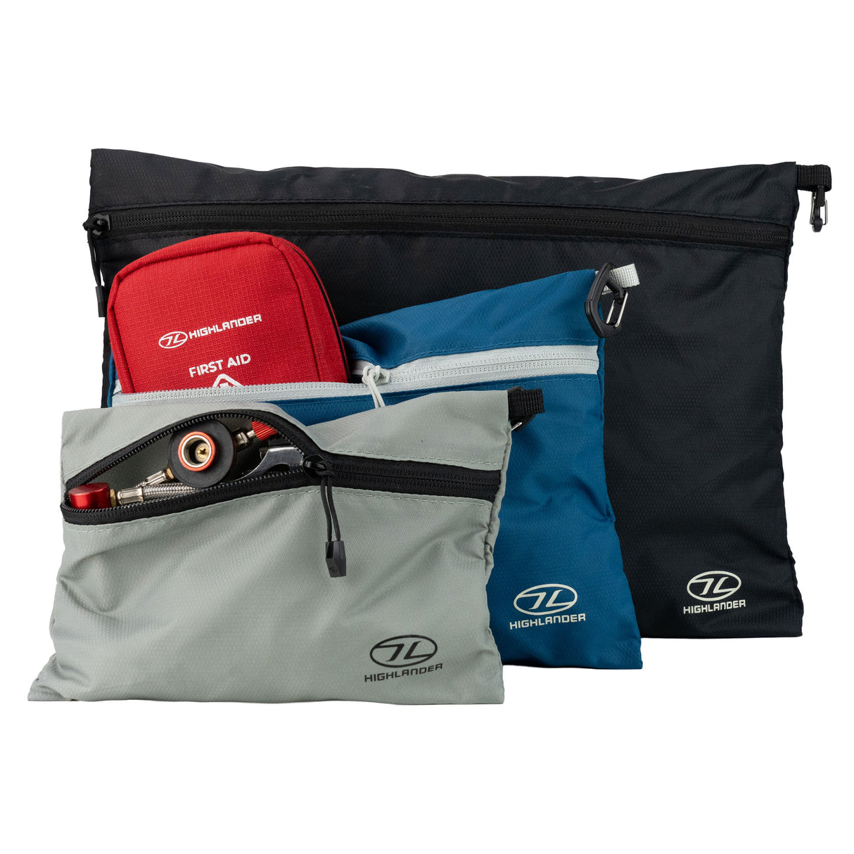 Highlander Neat Freak Bag Set in use with example contents on white background