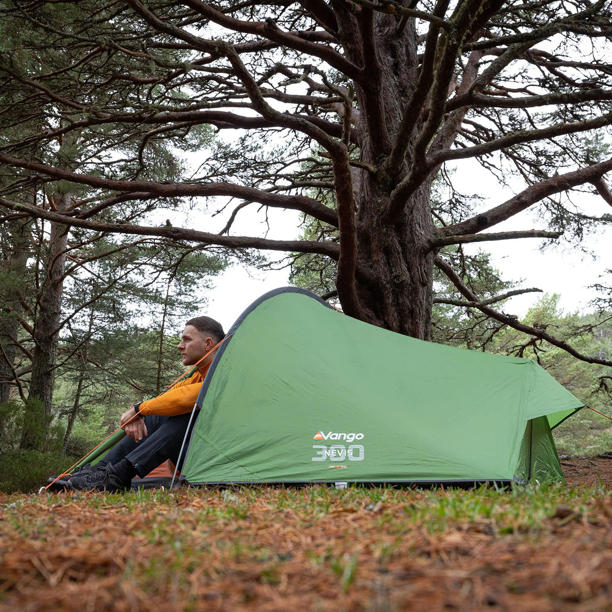 Vango Nevis 300 Tent in green for camping from side with person
