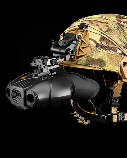 Nightfox Swift Max mounted on a military helmet on black background