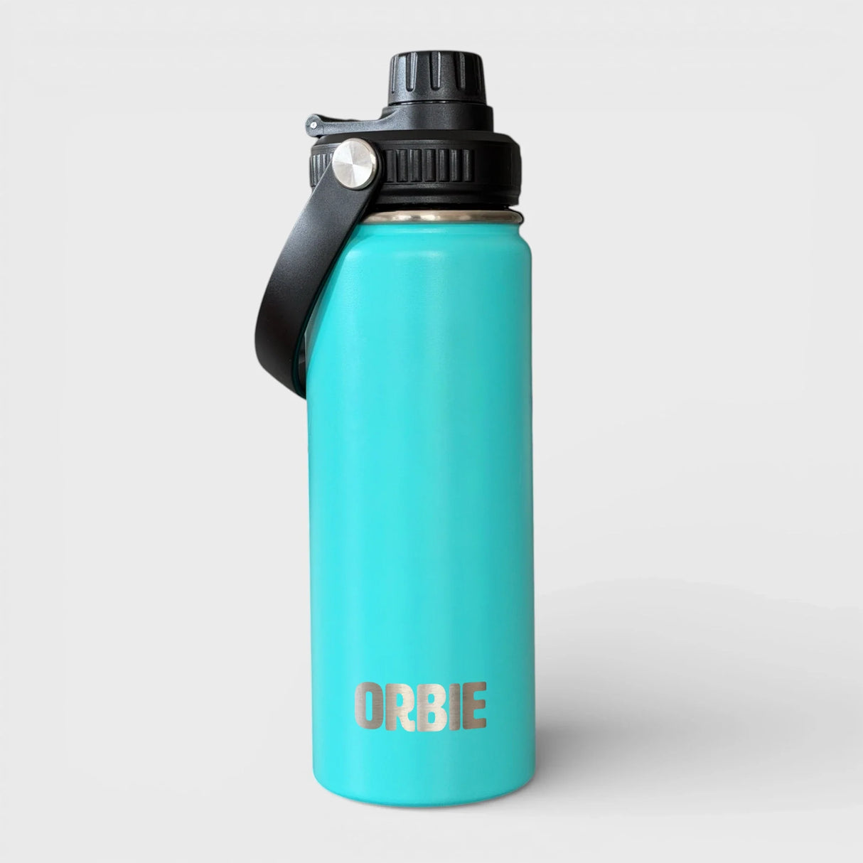 Turquoise Orbie 18oz insulated bottle with the chug lid fitted and the strap handle folded back