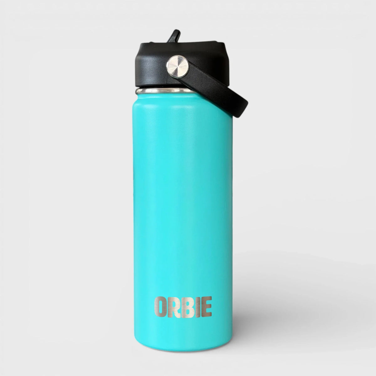 Turquoise Orbie 18oz insulated bottle with the low-profile sip lid fitted