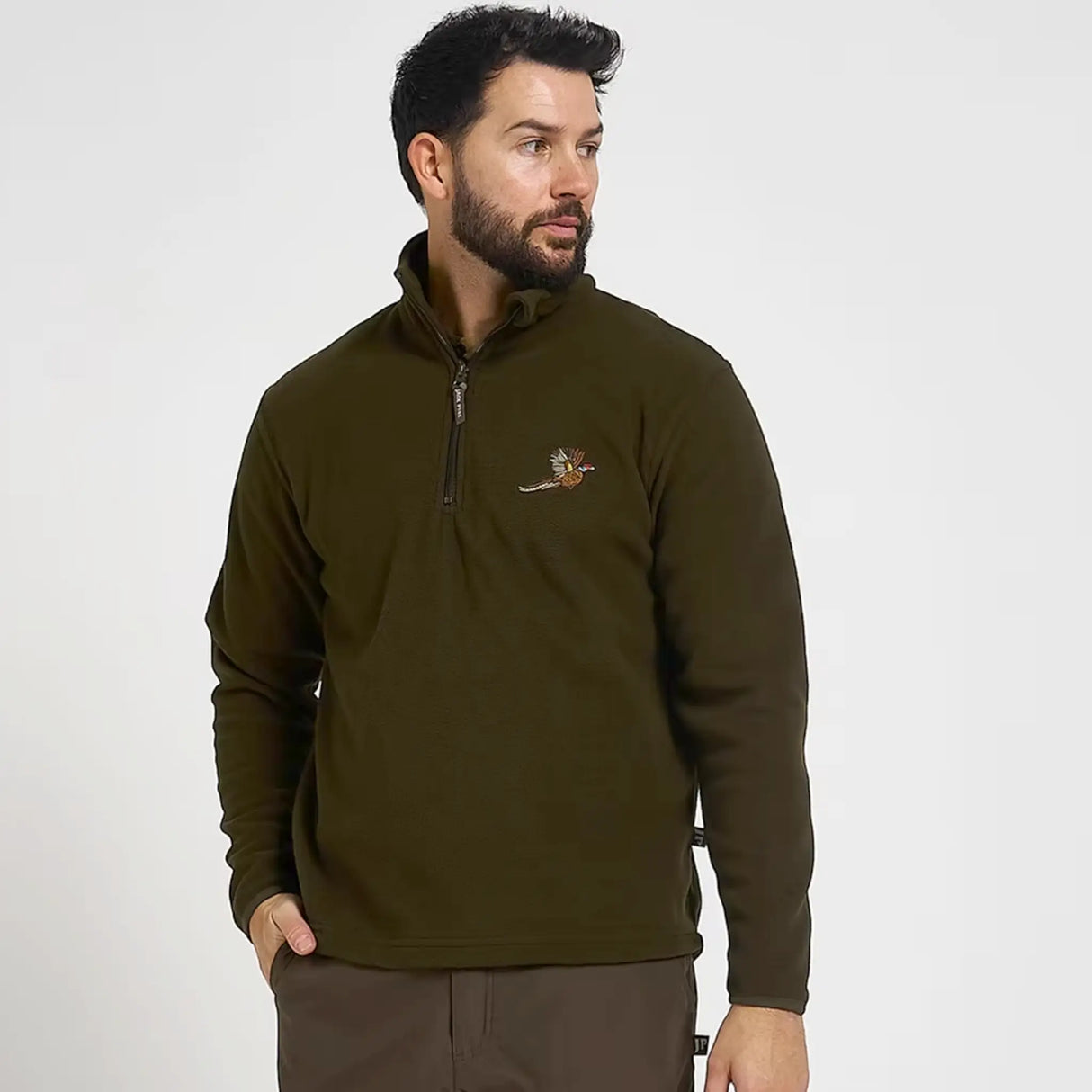 Jack Pyke Pheasant Fleece Pullover in Dark Olive from the front left on white background
