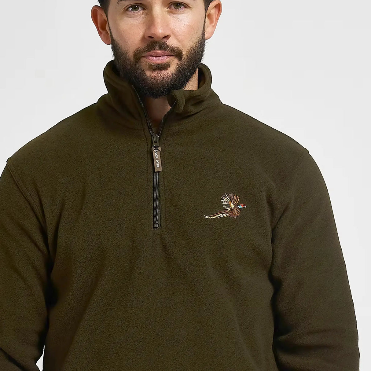 Jack Pyke Pheasant Fleece Pullover in Dark Olive close up of chest with quarter zip
