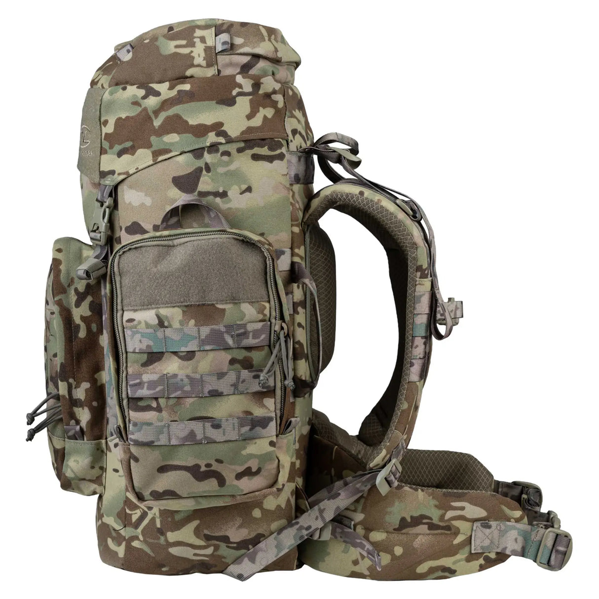 Highlander Pinnacle Rucksack 50L in HMTC camo from the side