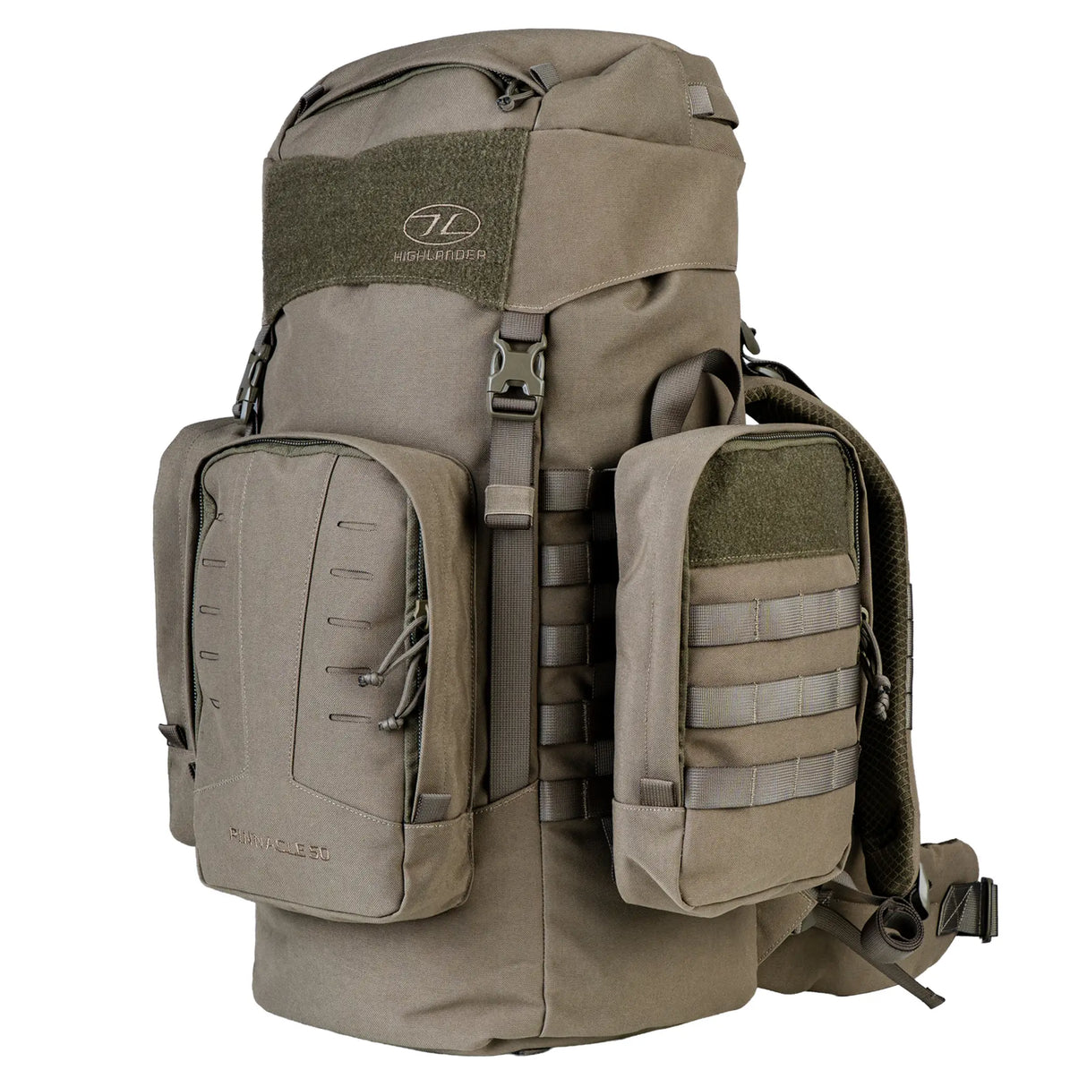 Highlander Pinnacle Rucksack 50L in ranger green from the front left on white background