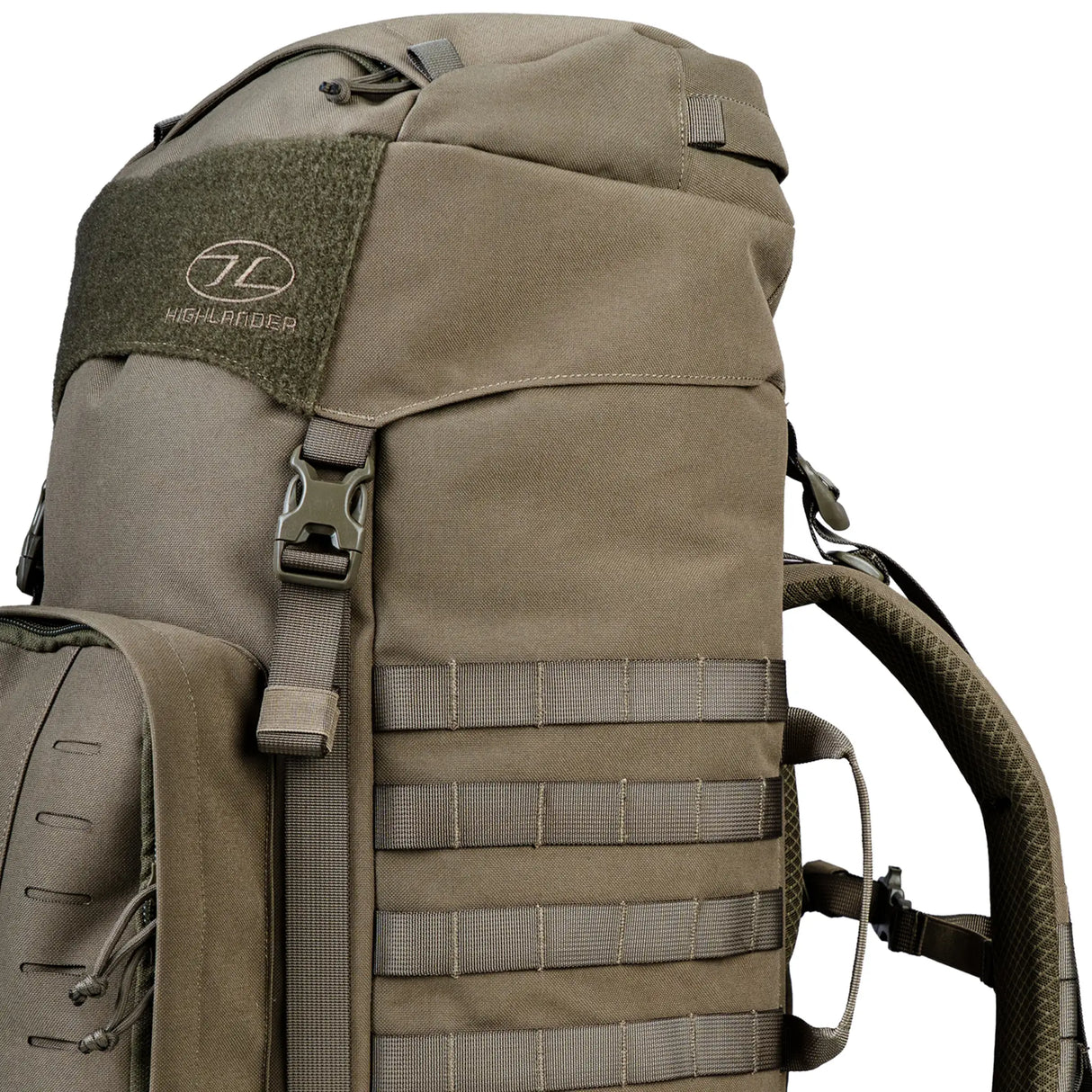 Highlander Pinnacle Rucksack 50L in ranger green close up of lid from the side