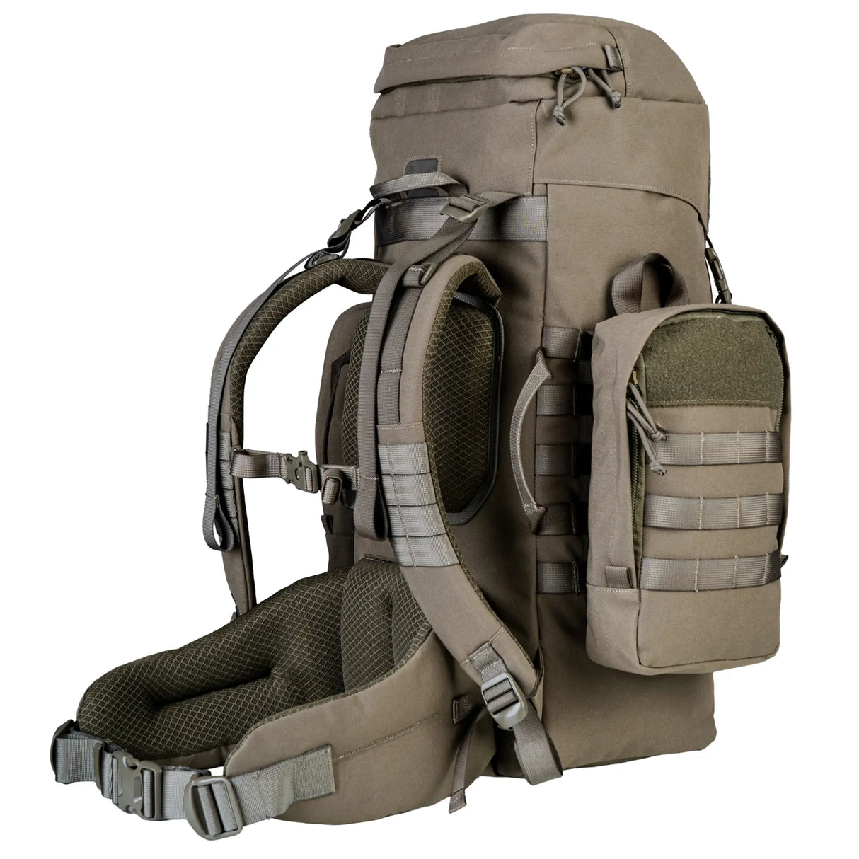 Highlander Pinnacle Rucksack 50L in ranger green from the back left on white background