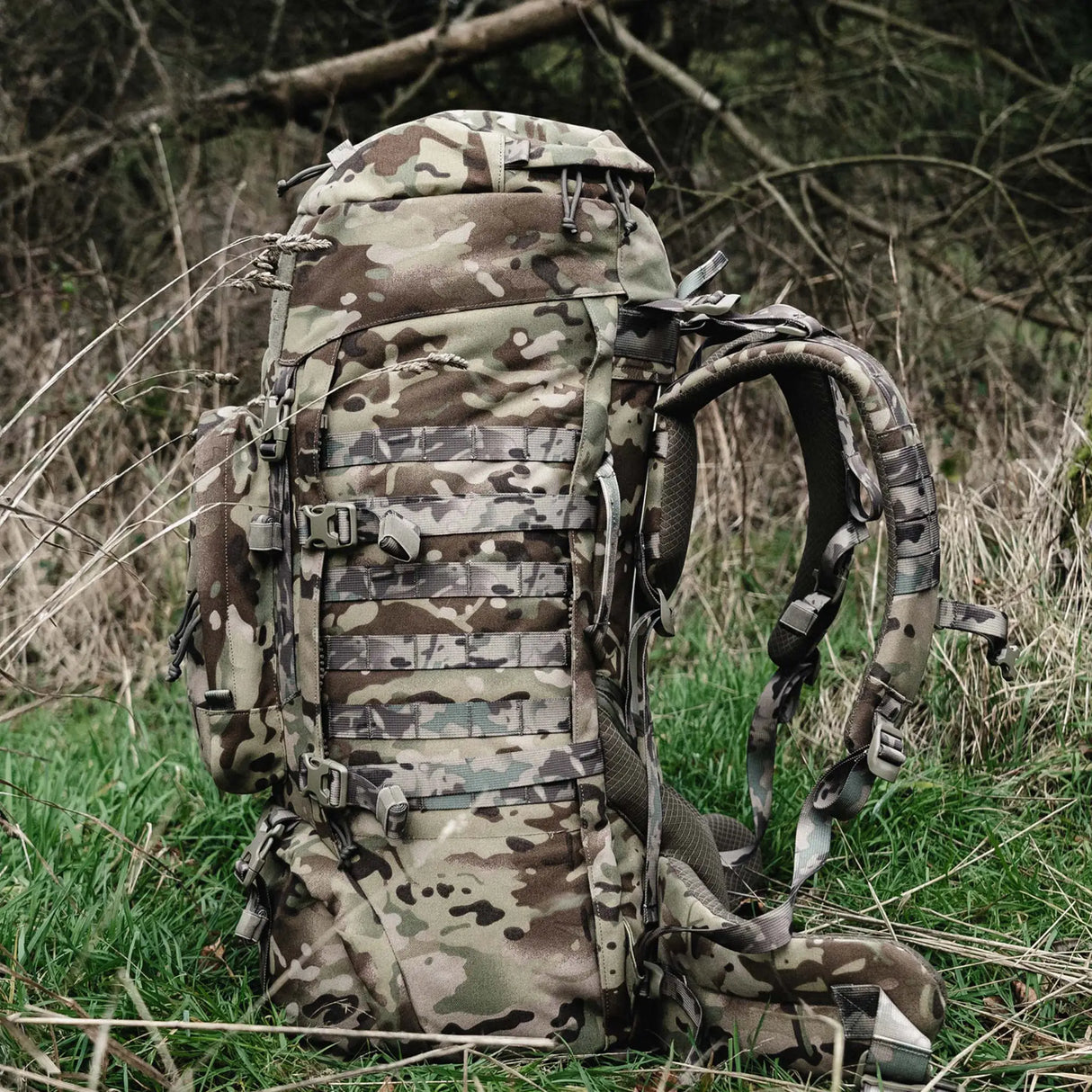 Highlander Pinnacle Rucksack 70L in hmtc camo in the outdoors