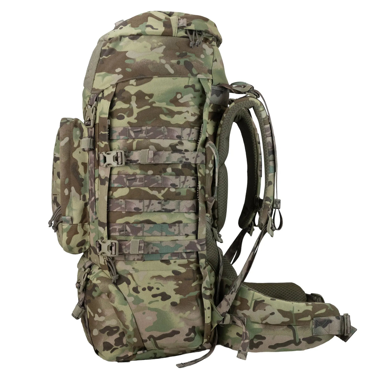 Highlander Pinnacle Rucksack 70L in hmtc camo side on white background