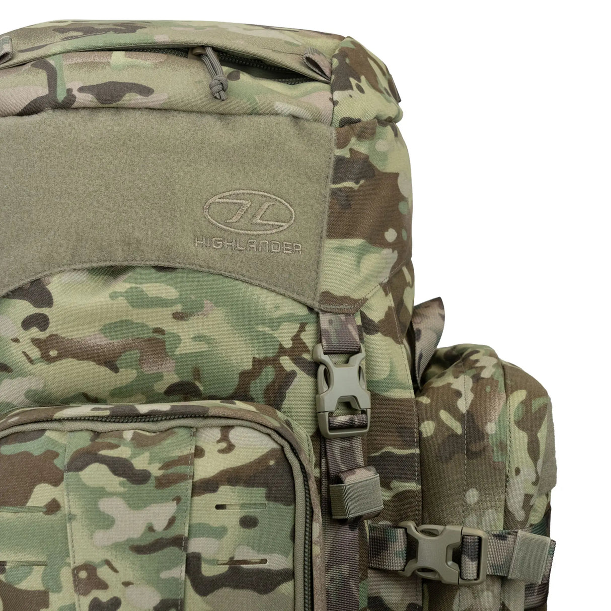 Highlander Pinnacle Rucksack 70L in hmtc camo close up of upper front