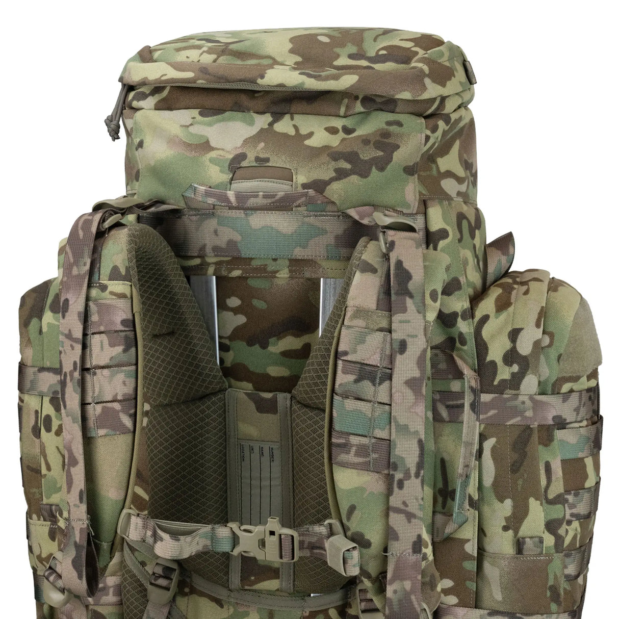Highlander Pinnacle Rucksack 70L in hmtc camo close up of back on white background