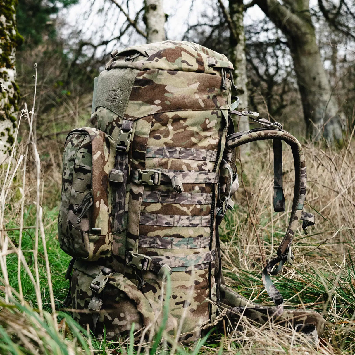 Highlander Pinnacle Rucksack 70L in hmtc camo in the outdoors