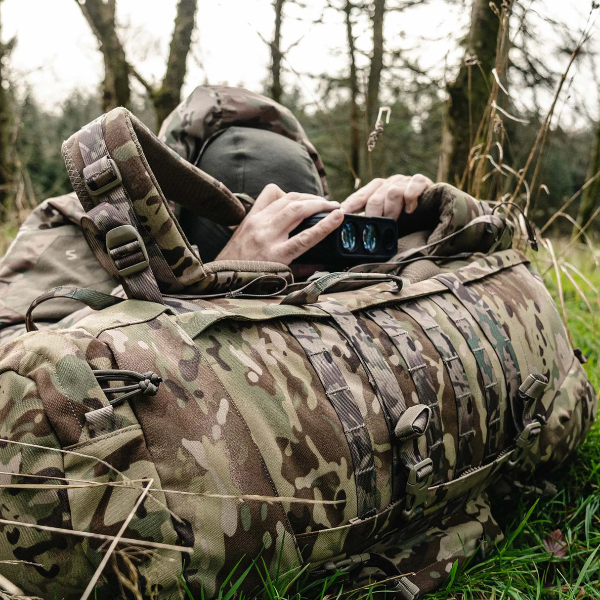 Highlander Pinnacle Rucksack 70L in hmtc camo in the outdoors