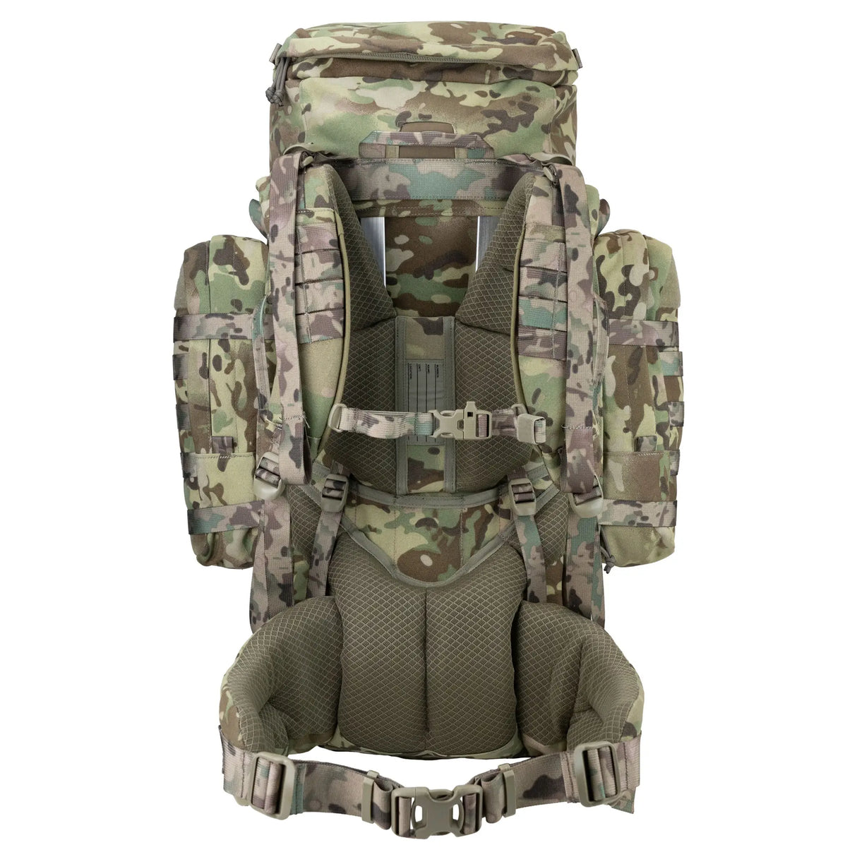 Highlander Pinnacle Rucksack 70L in hmtc camo back on white background