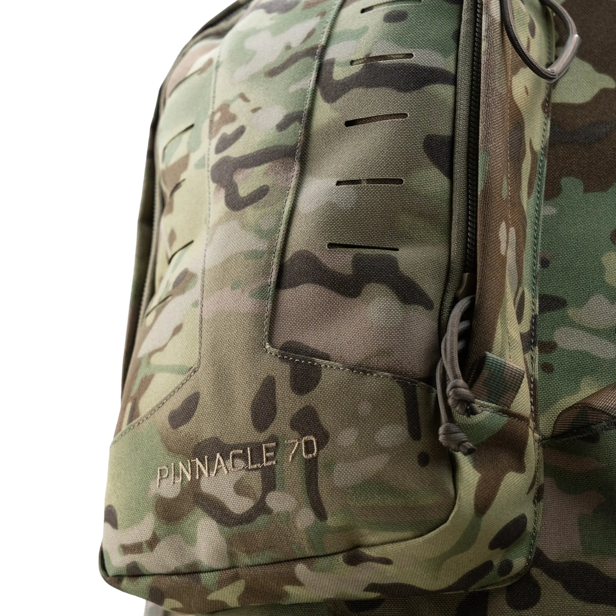 Highlander Pinnacle Rucksack 70L in hmtc camo close up of front pocket on white background