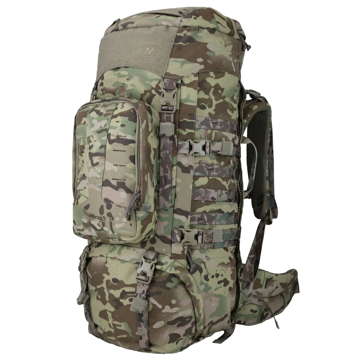 Highlander Pinnacle Rucksack 70L in hmtc camo front on white background