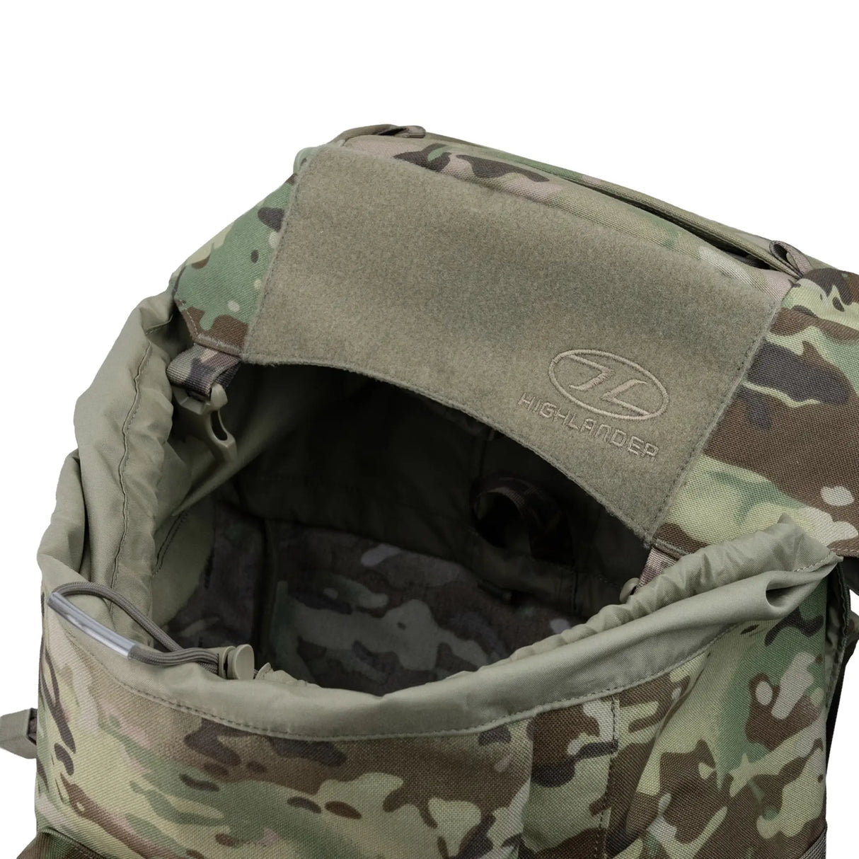 Highlander Pinnacle Rucksack 70L in hmtc camo close up of lid