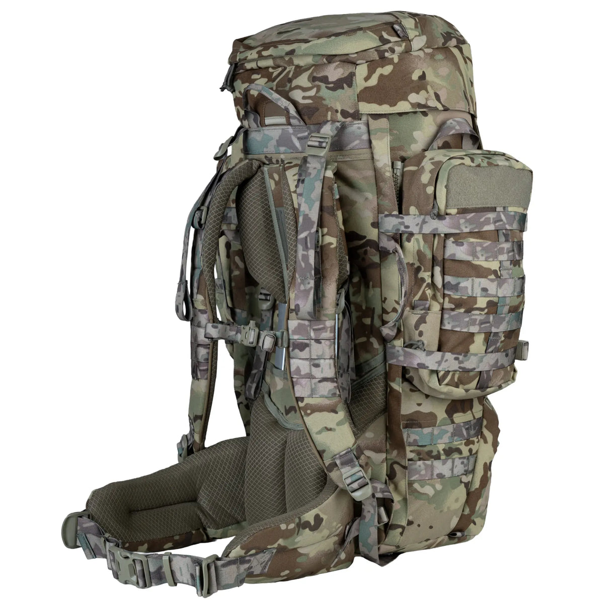 Highlander Pinnacle Rucksack 90L in HMTC Camo back left on white background