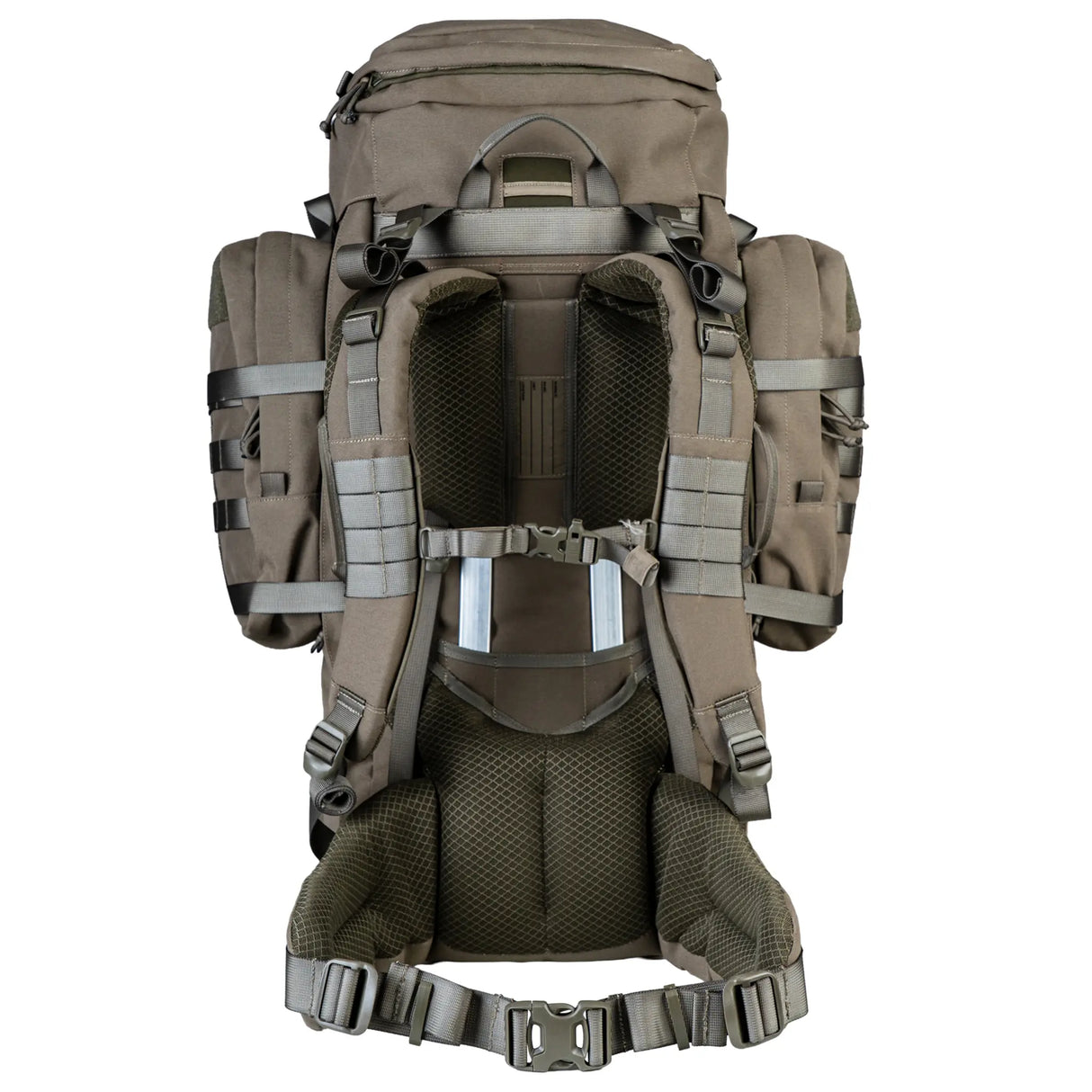 Highlander Pinnacle Rucksack 90L in ranger green back on white background