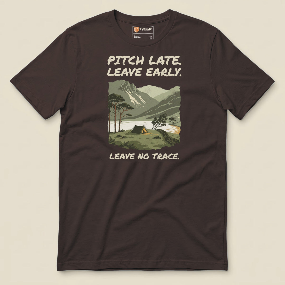 Pitch Late Leave Early T-Shirt in Brown, laid flat, front view