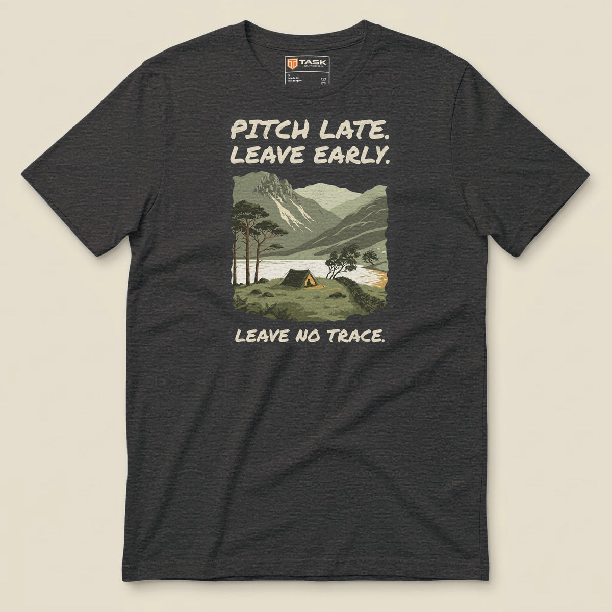 Pitch Late Leave Early T-Shirt in Dark Grey Heather, laid flat, front view