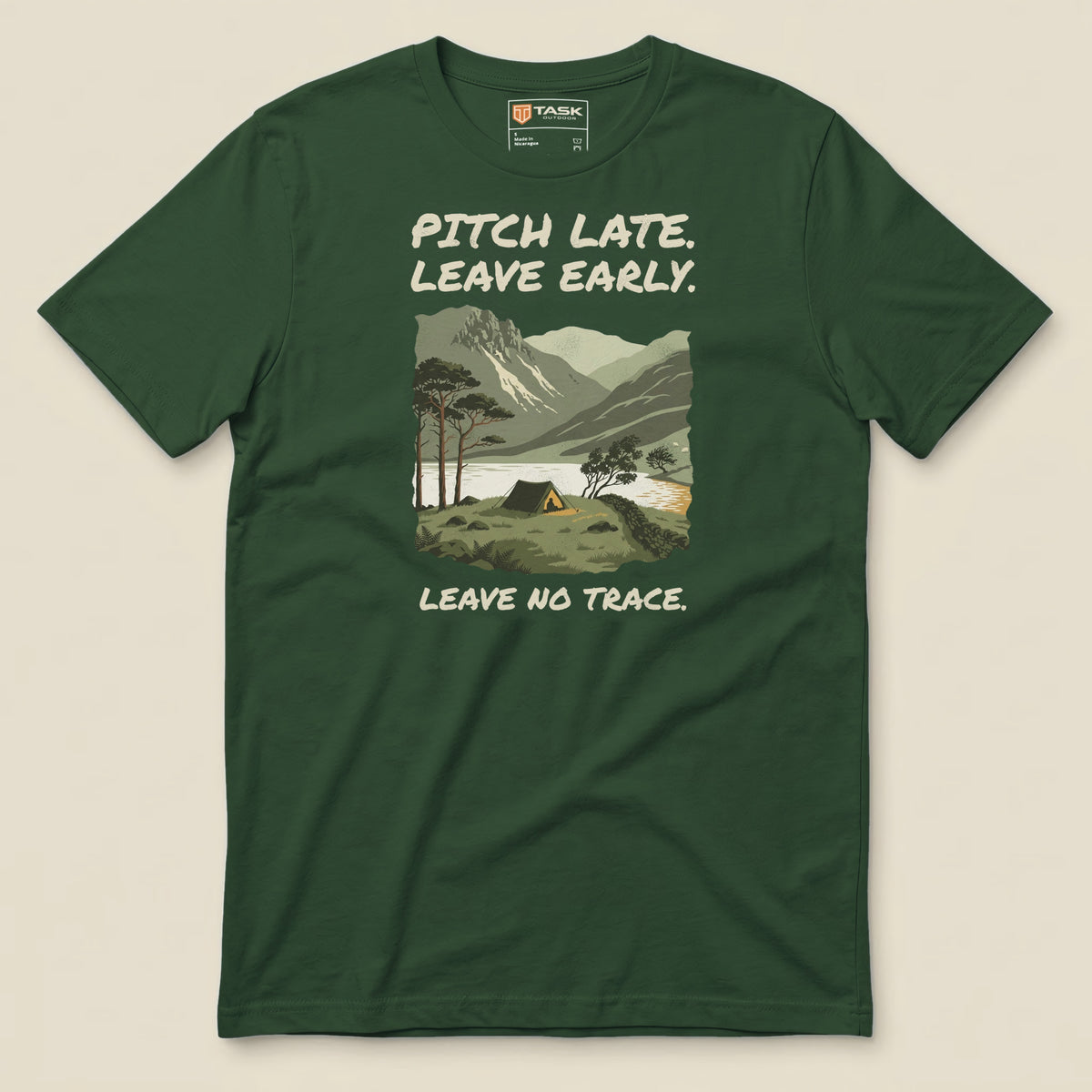 Pitch Late Leave Early T-Shirt in Forest, laid flat, front view