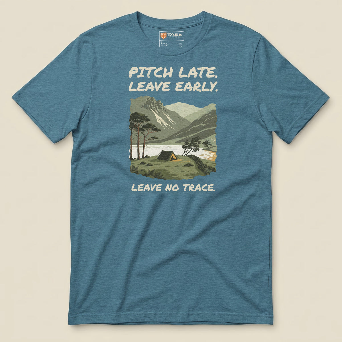 Pitch Late Leave Early T-Shirt in Heather Deep Teal, laid flat, front view