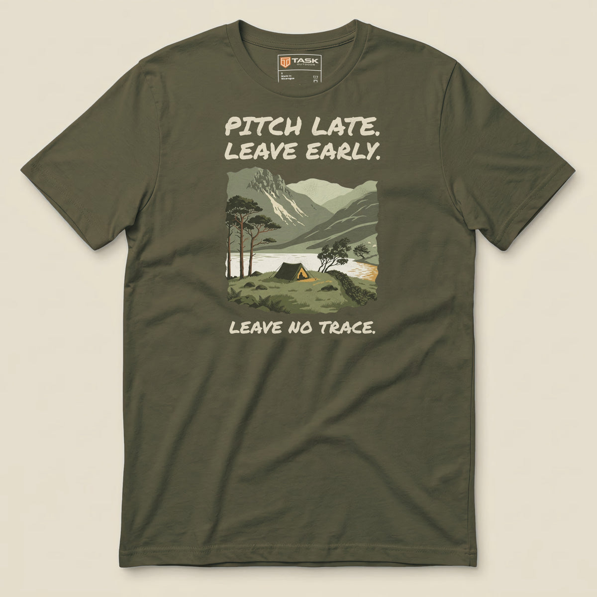 Pitch Late Leave Early T-Shirt in Military Green, laid flat, front view