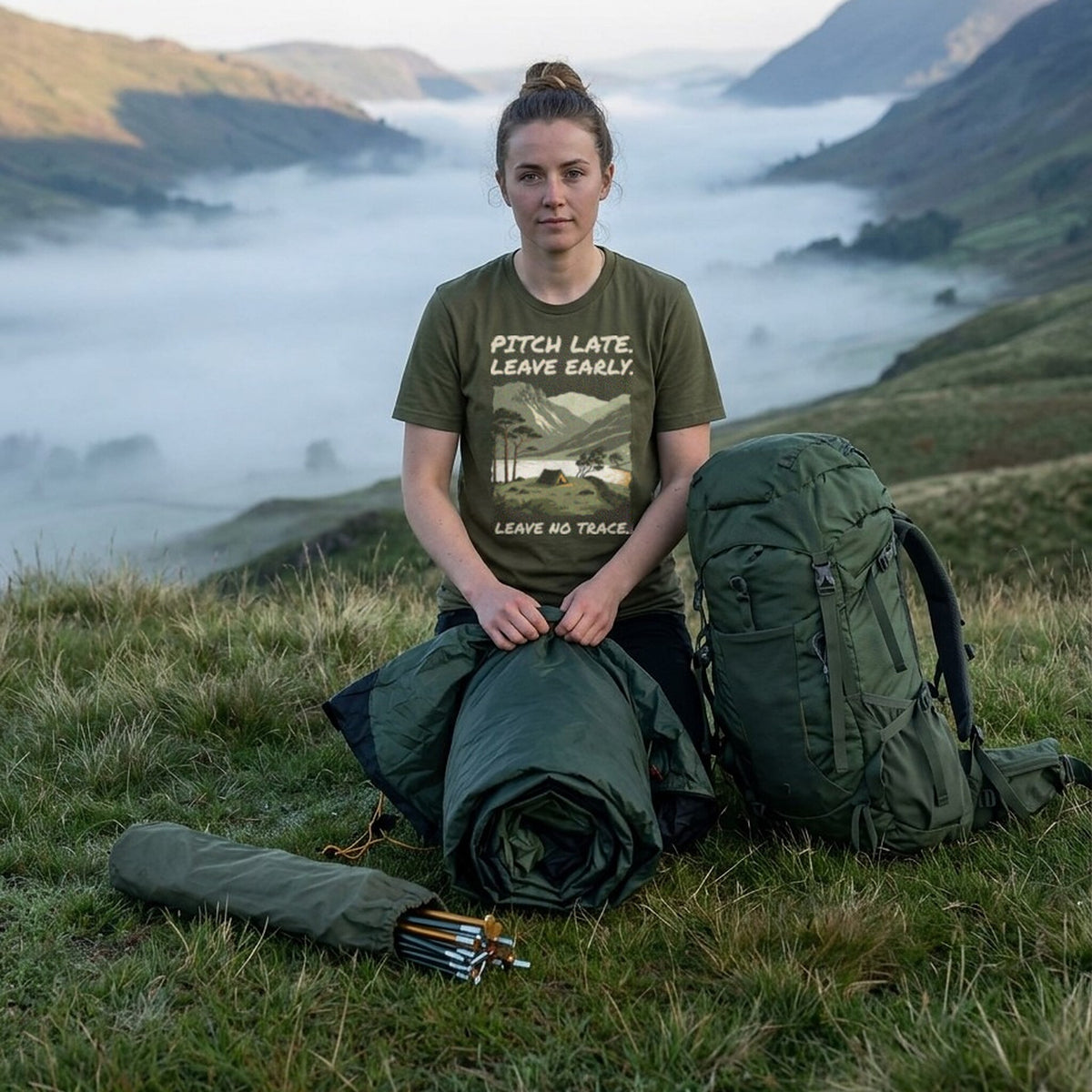Woman rolling up her tent at first light on a misty Lake District fellside, wearing the Pitch Late Leave Early T-Shirt in Military Green