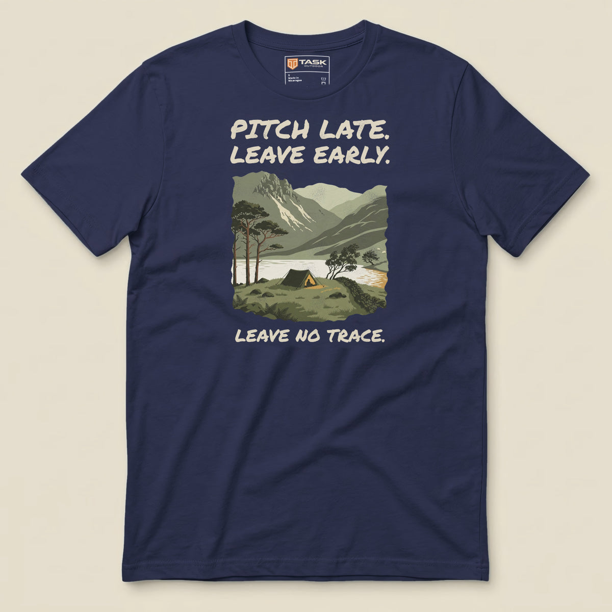 Pitch Late Leave Early T-Shirt in Navy, laid flat, front view
