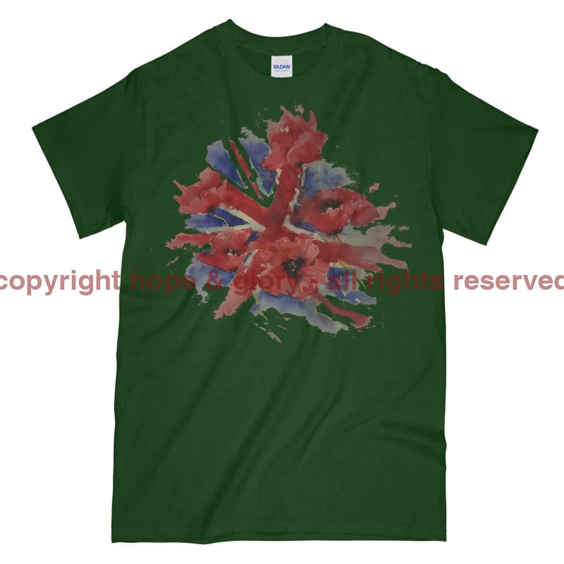Poppies On Union Flag Watercolour Printed T-Shirt - Commando Green