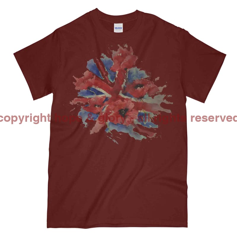 Poppies On Union Flag Watercolour Printed T-Shirt - Maroon