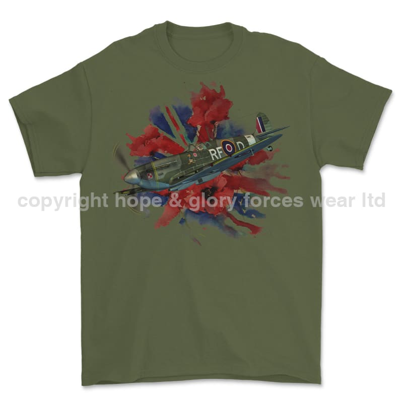 Poppy And Spitfire Lest We Forget Printed T-Shirt - Military Green/Olive