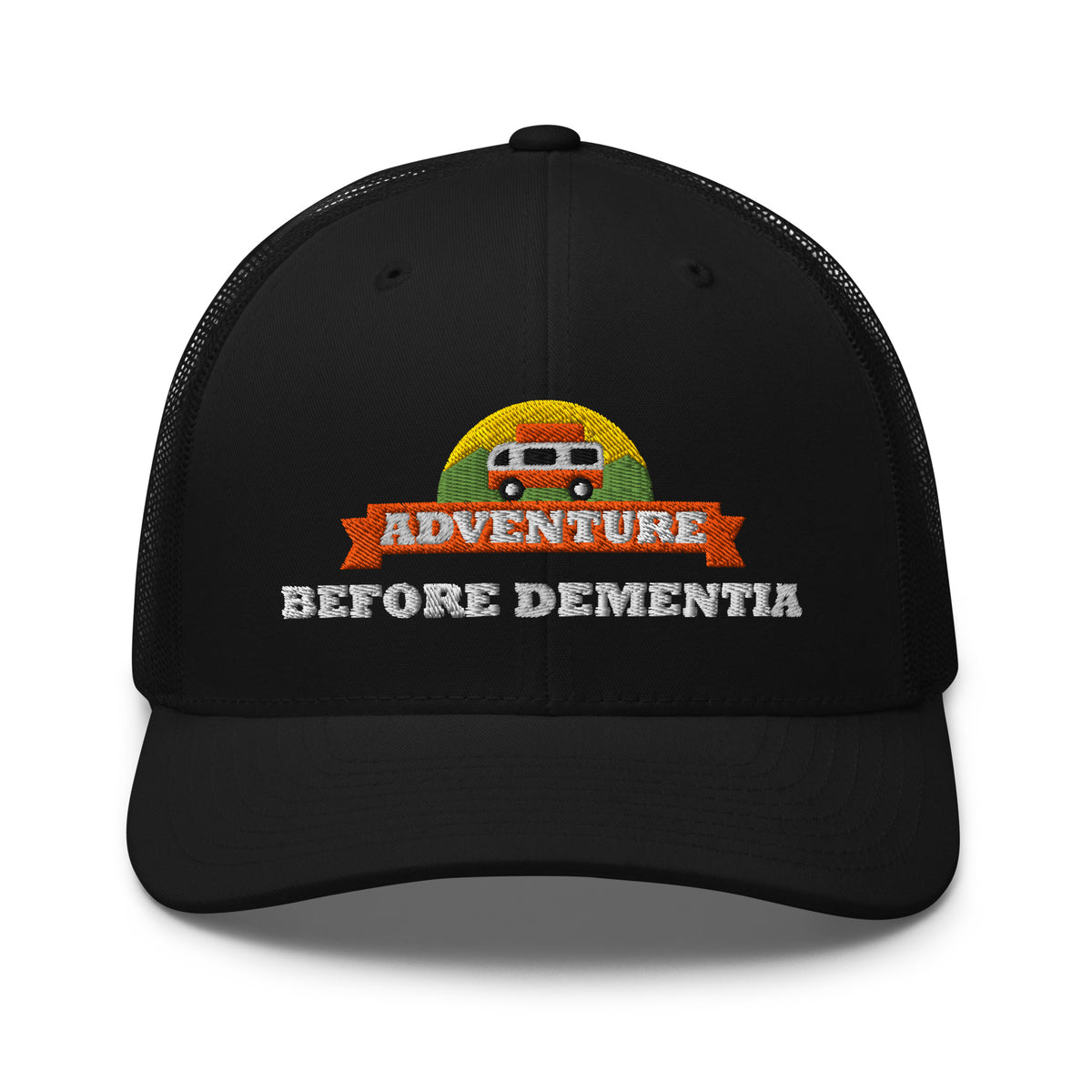 Adventure Before Dementia Trucker Cap in Black, front view of the cap and peak