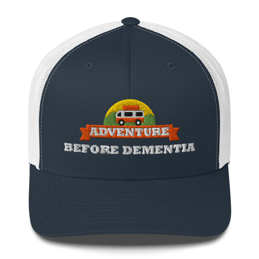 Adventure Before Dementia Trucker Cap in Navy/White, navy front with white mesh back