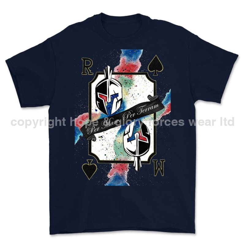 Royal Marines Sparta Playing Card Art Front Printed T-Shirt - Navy Blue