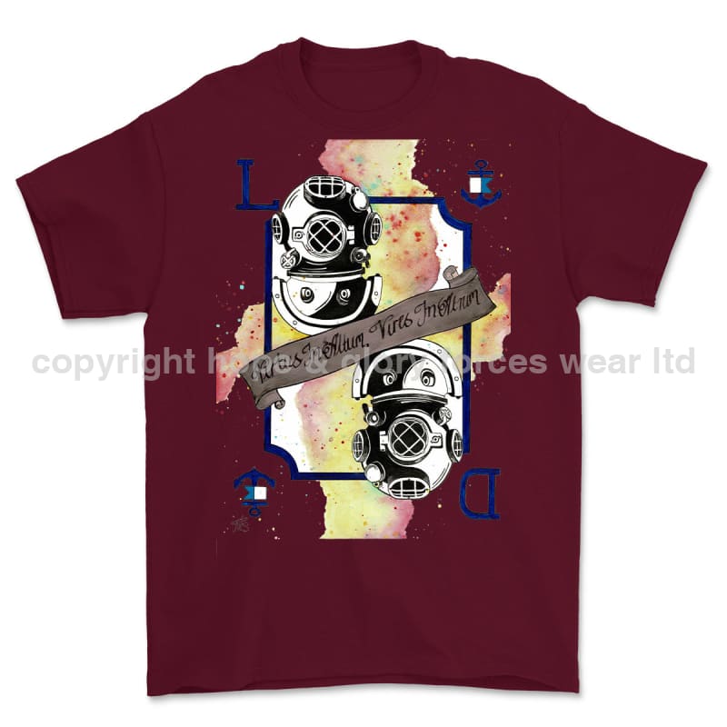 Royal Navy Diver Playing Card Art Front Printed T-Shirt - Maroon