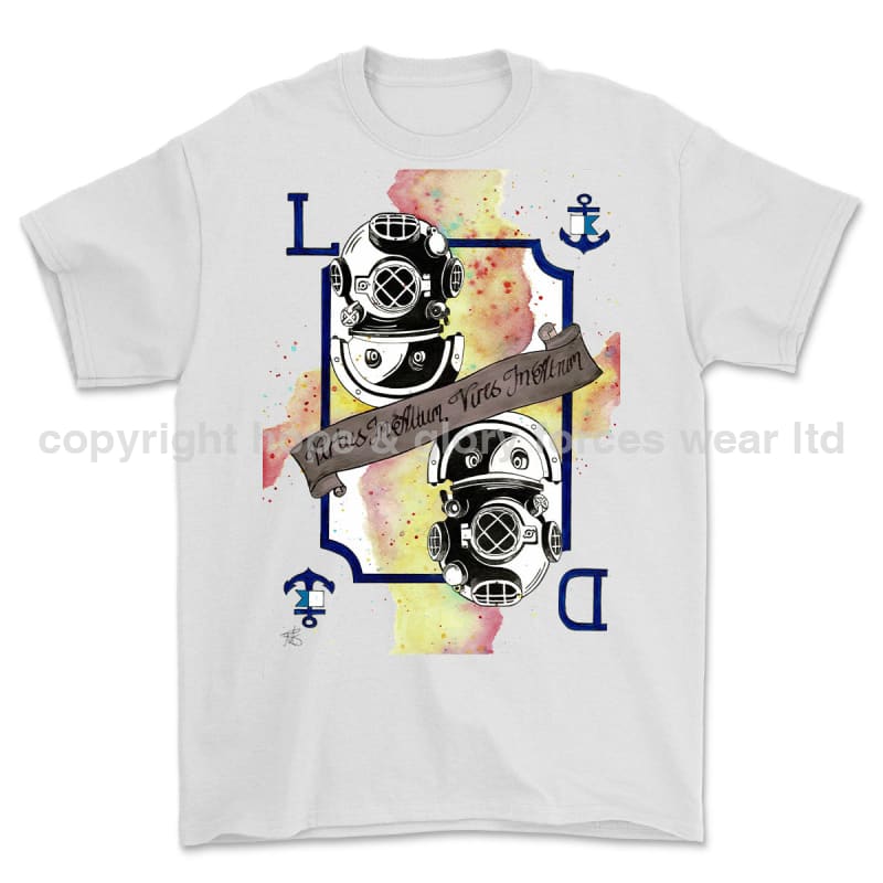 Royal Navy Diver Playing Card Art Front Printed T-Shirt - White
