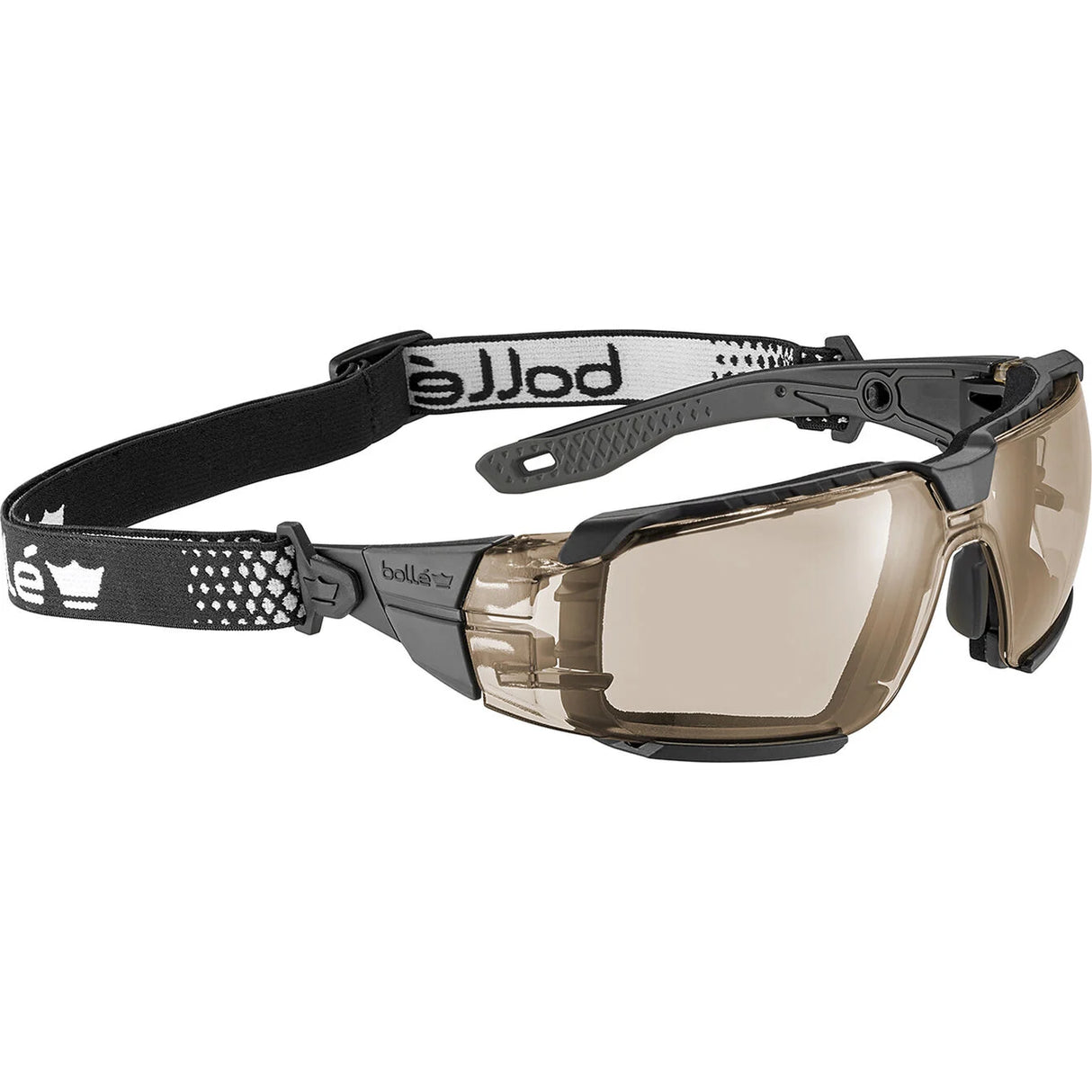 Bolle Rush+ 2.0 XP Safety Glasses - copper lens on a black frame with the foam gasket fitted and branded elastic strap attached, three-quarter view
