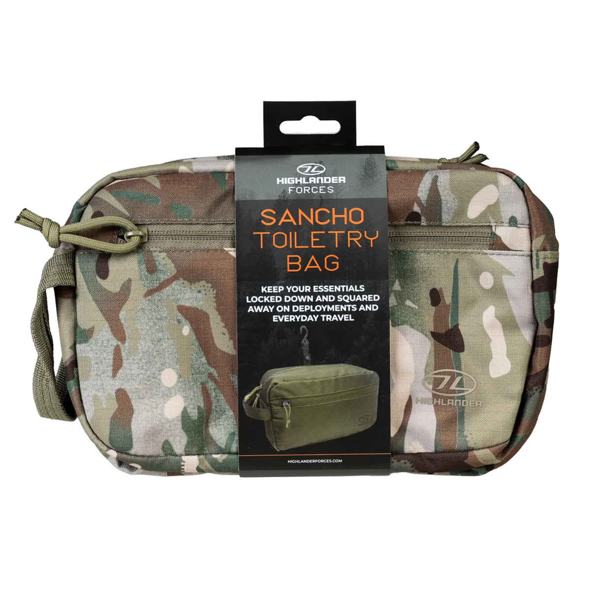 Highlander Sancho Toiletry Bag in HMTC Camo front on white background