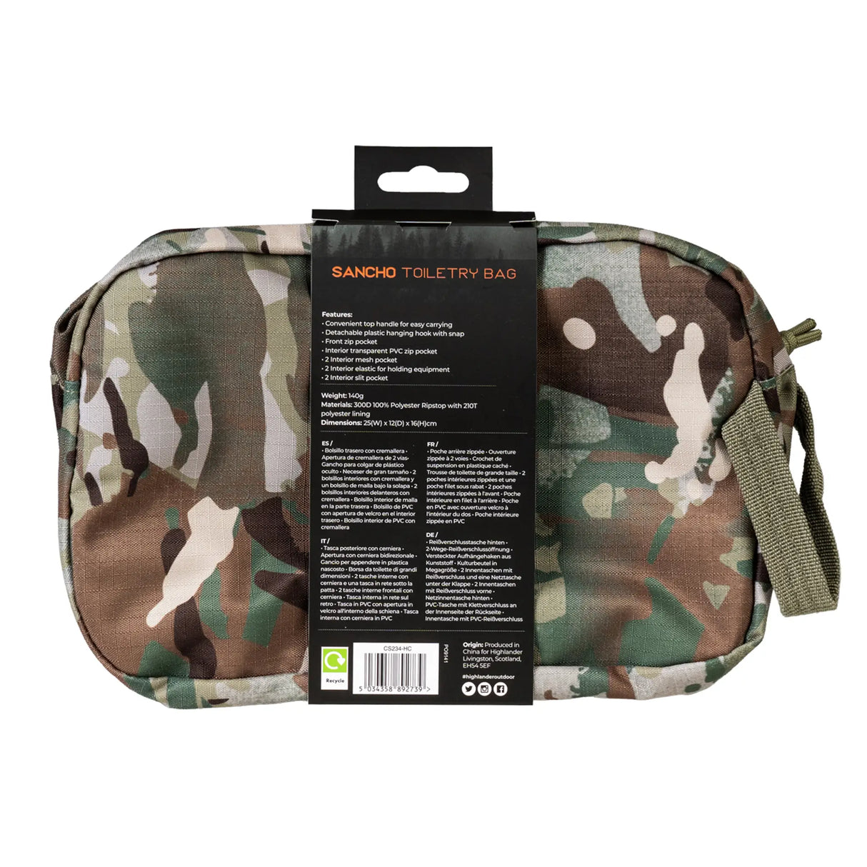 Highlander Sancho Toiletry Bag in HMTC Camo rear on white background