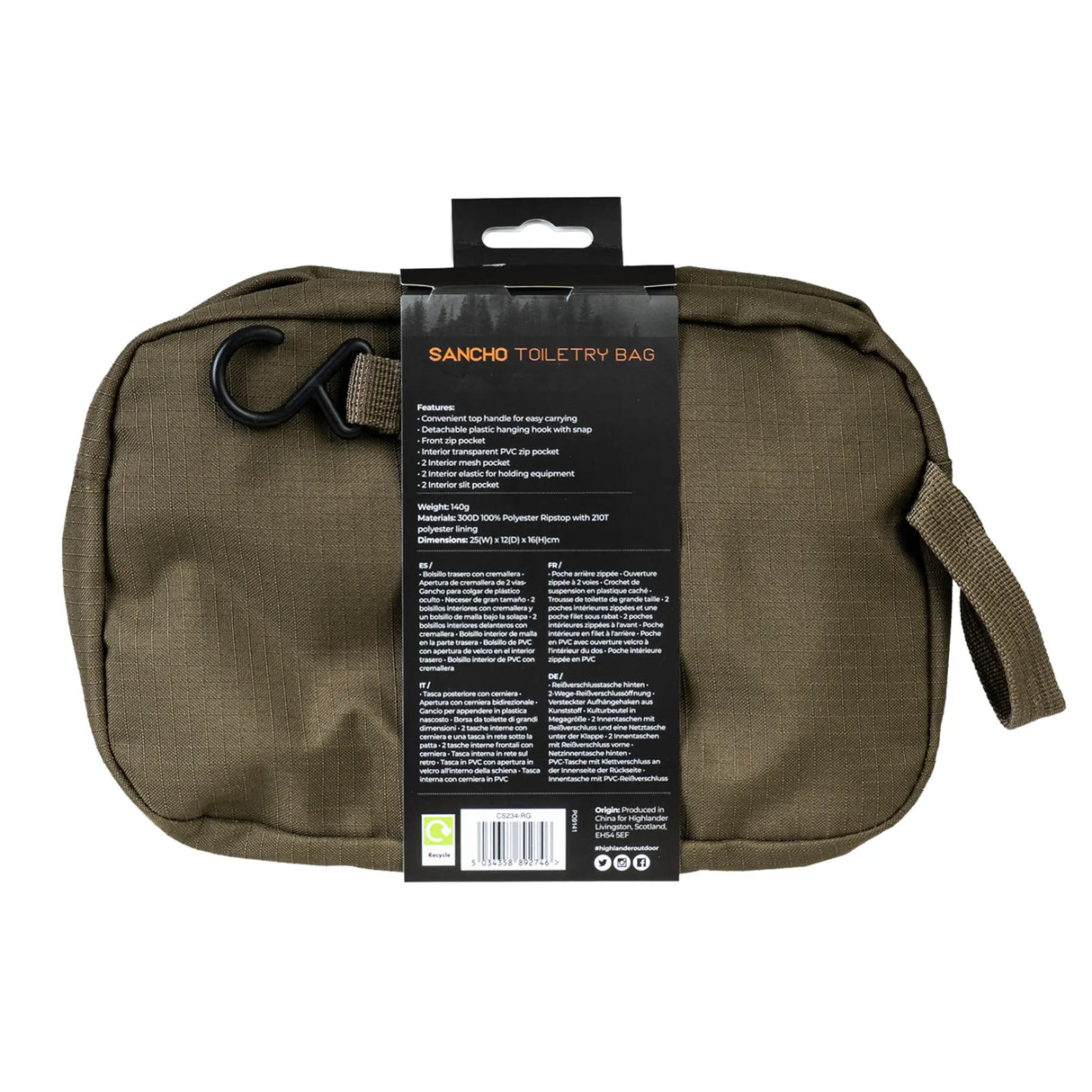 Highlander Sancho Toiletry Bag in ranger green rear on white background
